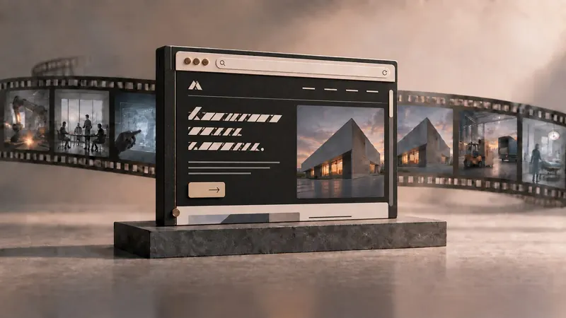 Ilustracja redakcyjna przedstawiająca okno przeglądarki z pierwszym ekranem strony internetowej na pierwszym planie oraz taśmę filmową w tle jako warstwę wspierającą komunikat.
