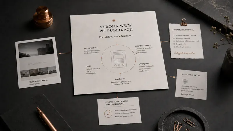 Ciemne biurko z off-white kartą strategiczną pokazującą stronę firmową po publikacji jako system kontroli, utrzymania i odpowiedzialności.
