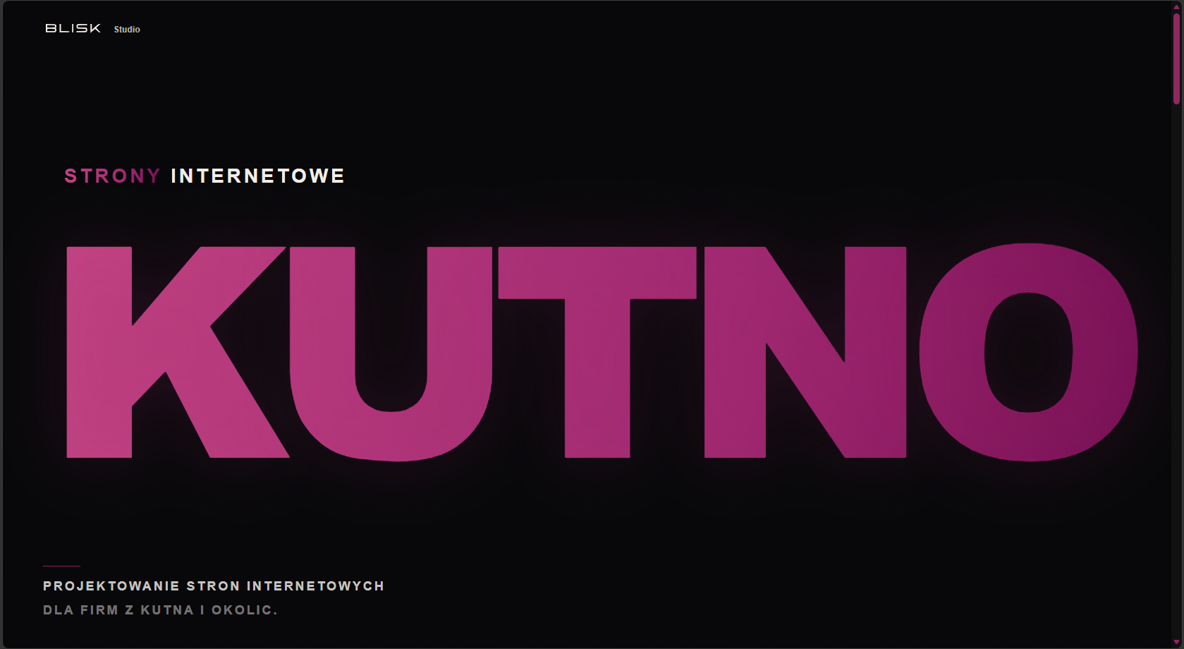 Rzeczywisty widok gotowego landingu BLISK dla Kutna — hero z typografią KUTNO.